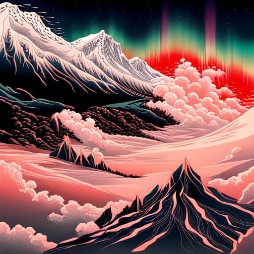 Neon Aurora Borealis in Ukiyo-e Gothic Style