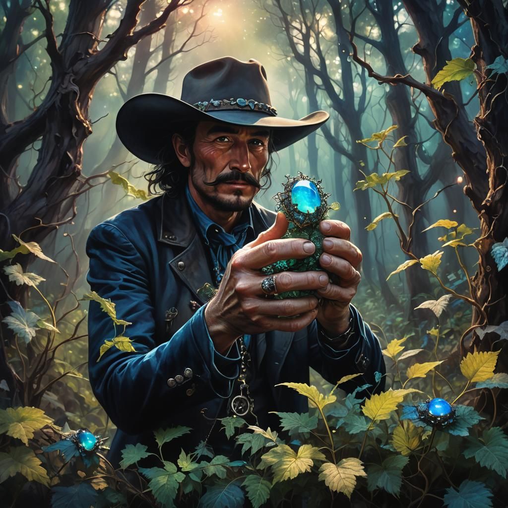 Cowboy Mystique: Surrealist Western Opals in a Forest