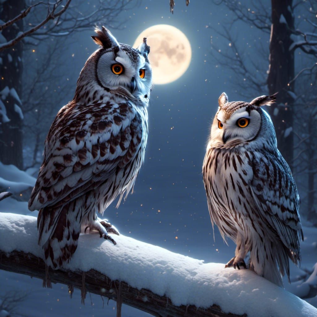 Owl Couple Under Full Moon, 3D Render