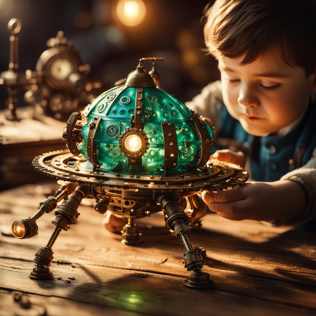 Boy with Steampunk Alien Spaceship Toy
