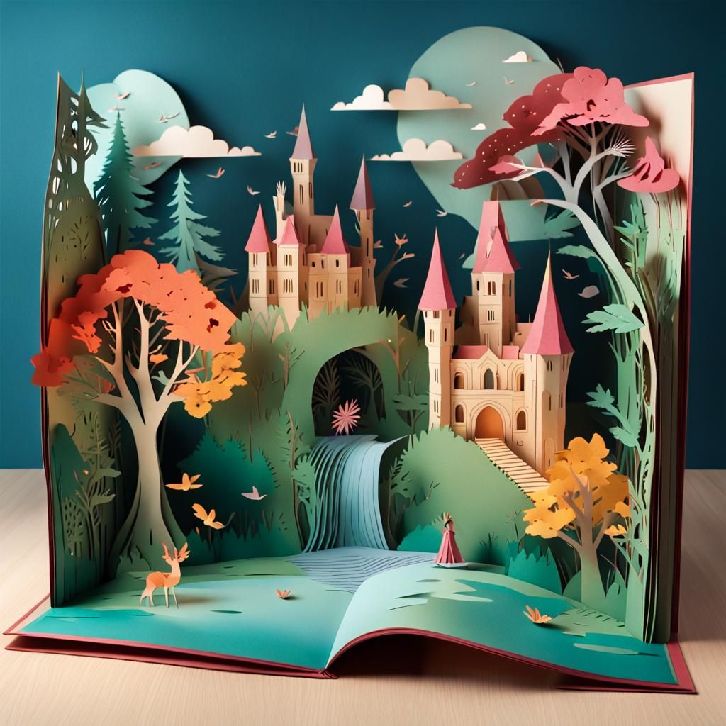 A beautifully crafted 3D pop-up book featuring a whimsical fairytale scenery that comes to life