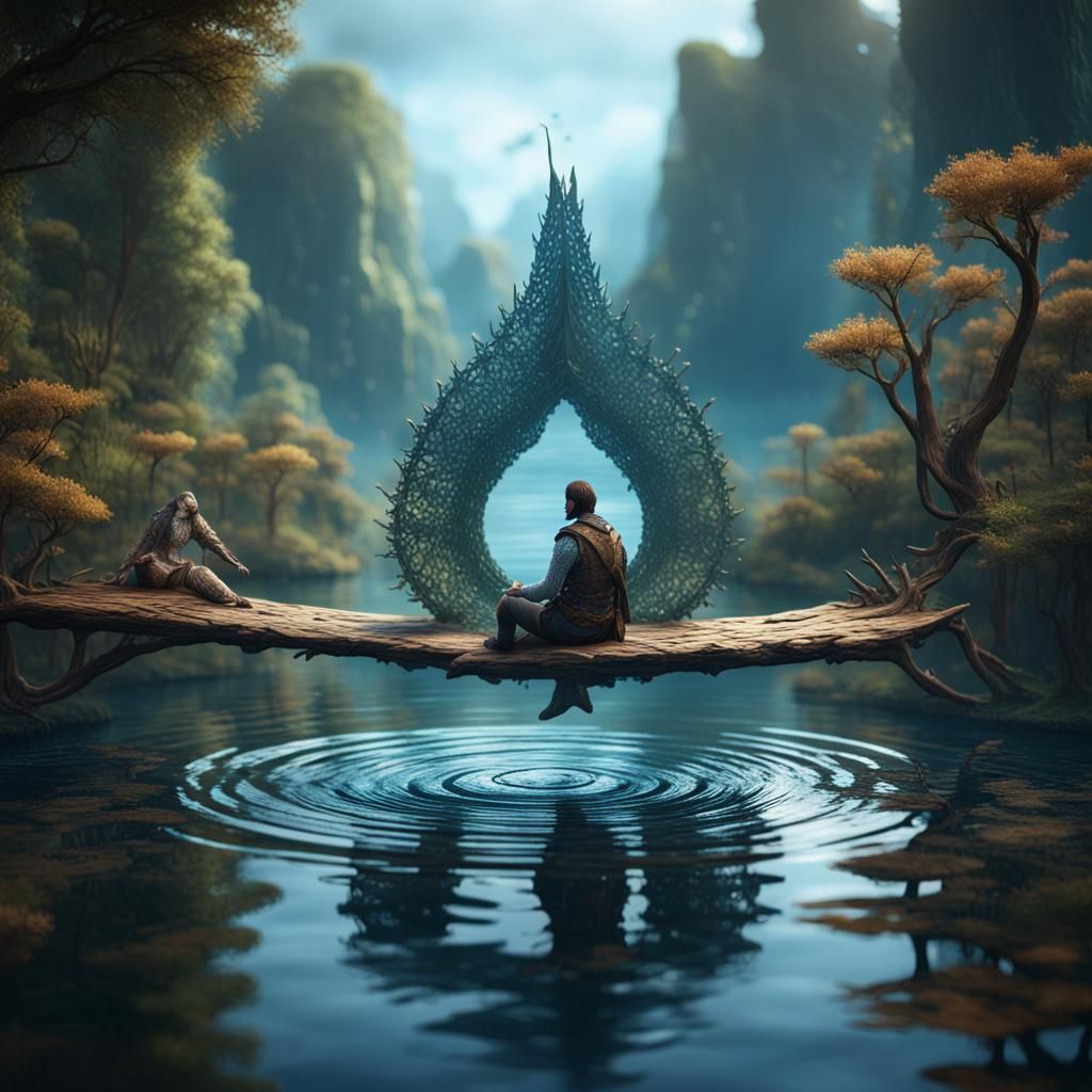 Fish-Skin Person Floating on Water: Matte Painting
