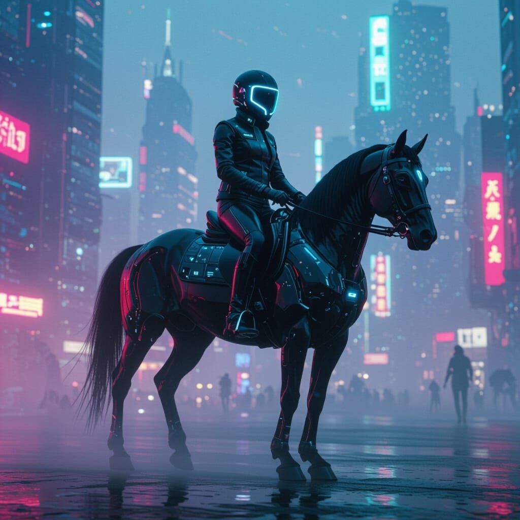 Cyberpunk Horse Rider in Futuristic Cityscape