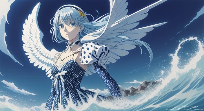 Polka Dot Angel on Blue Tide: Cel-Shaded Anime Art