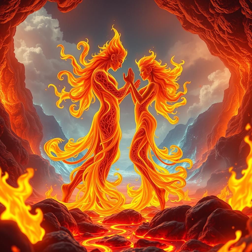 Fire Elementals Waltz in Volcanic Landscape, Digital Art