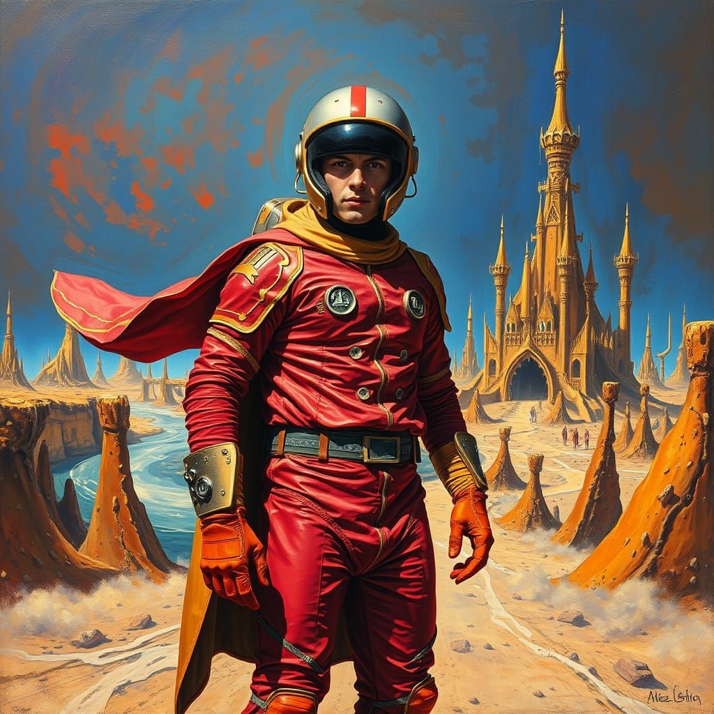 Heroic Spaceman Approaches a Surreal, Melting Cityscape