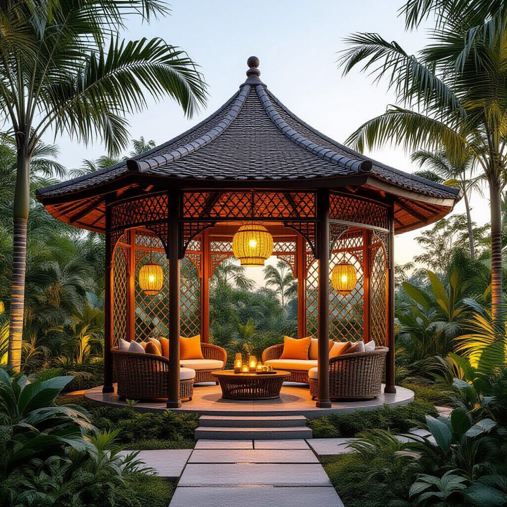Ethereal Wicker Pavilion in Tropical Garden Setting