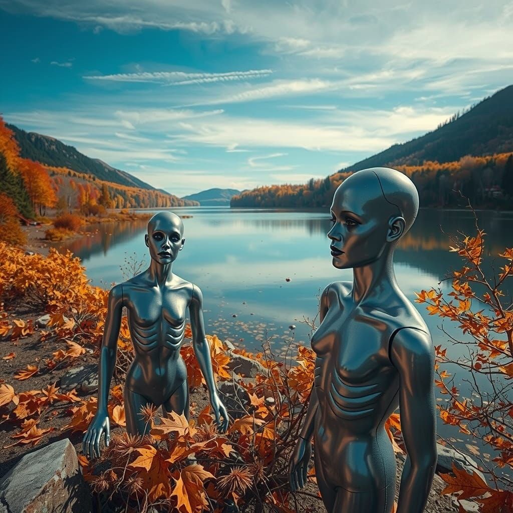 Eerie Autumn Lake with Mannequins in Surreal Style