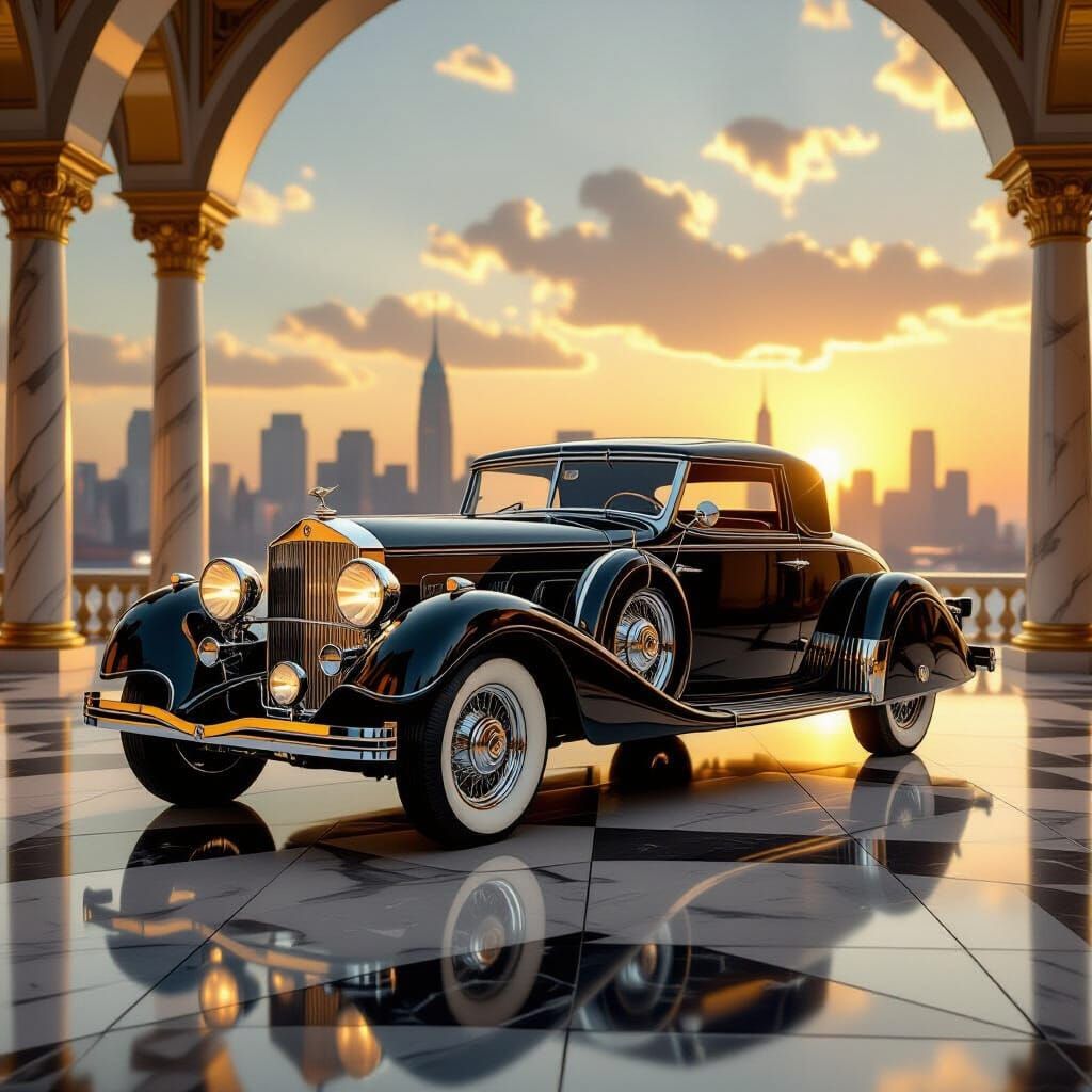1930s Art Deco Car on Marble Floor at Sunrise