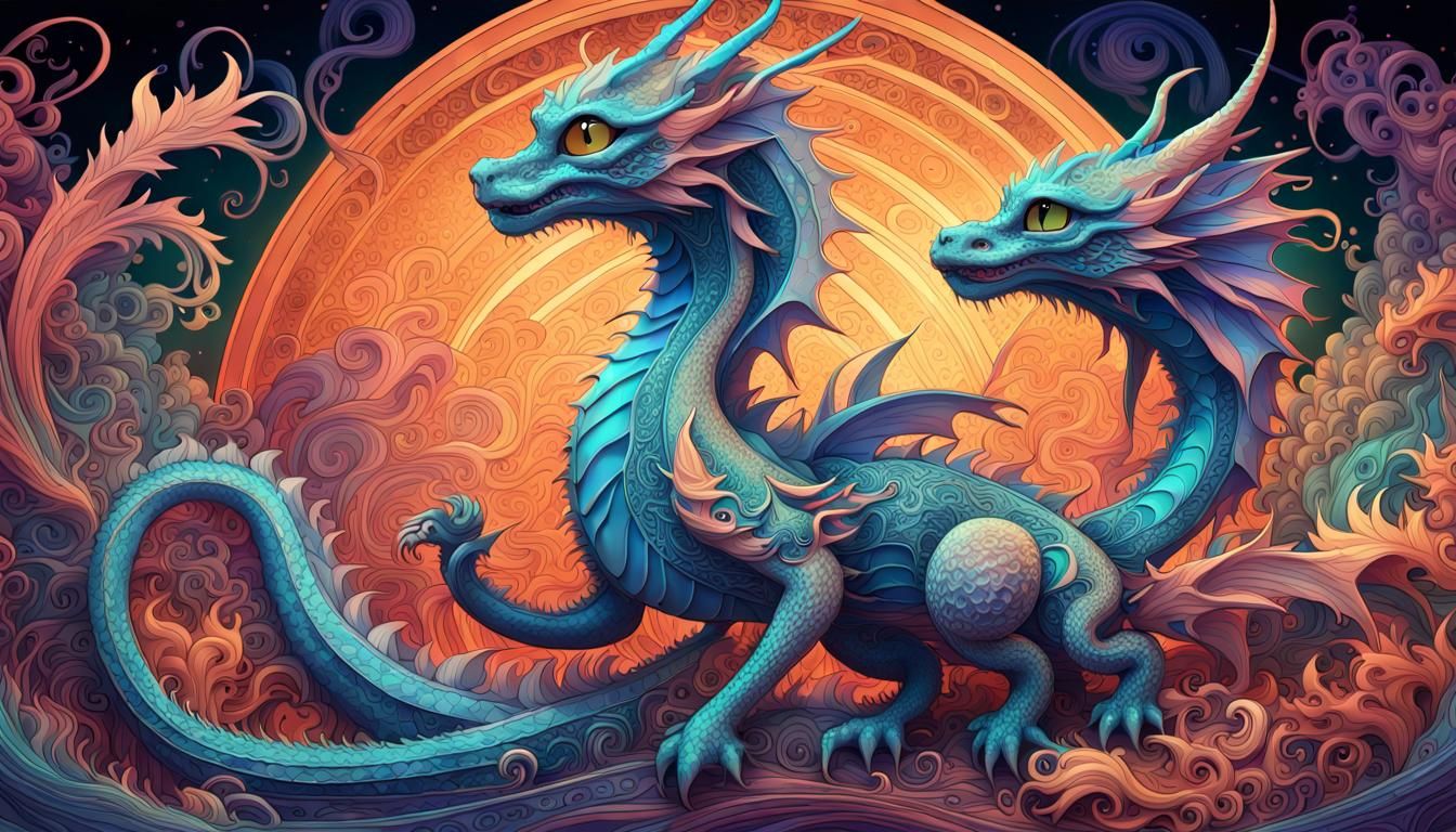 Art Nouveau Dragons and Chibi Neko Waifu in 3D