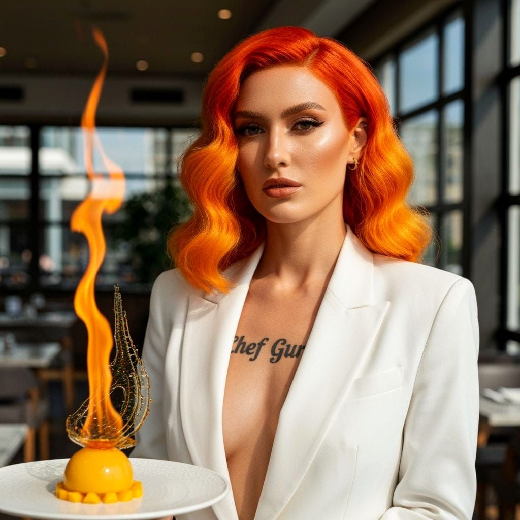 Fiery Haired Model with Mango Mousse Dessert