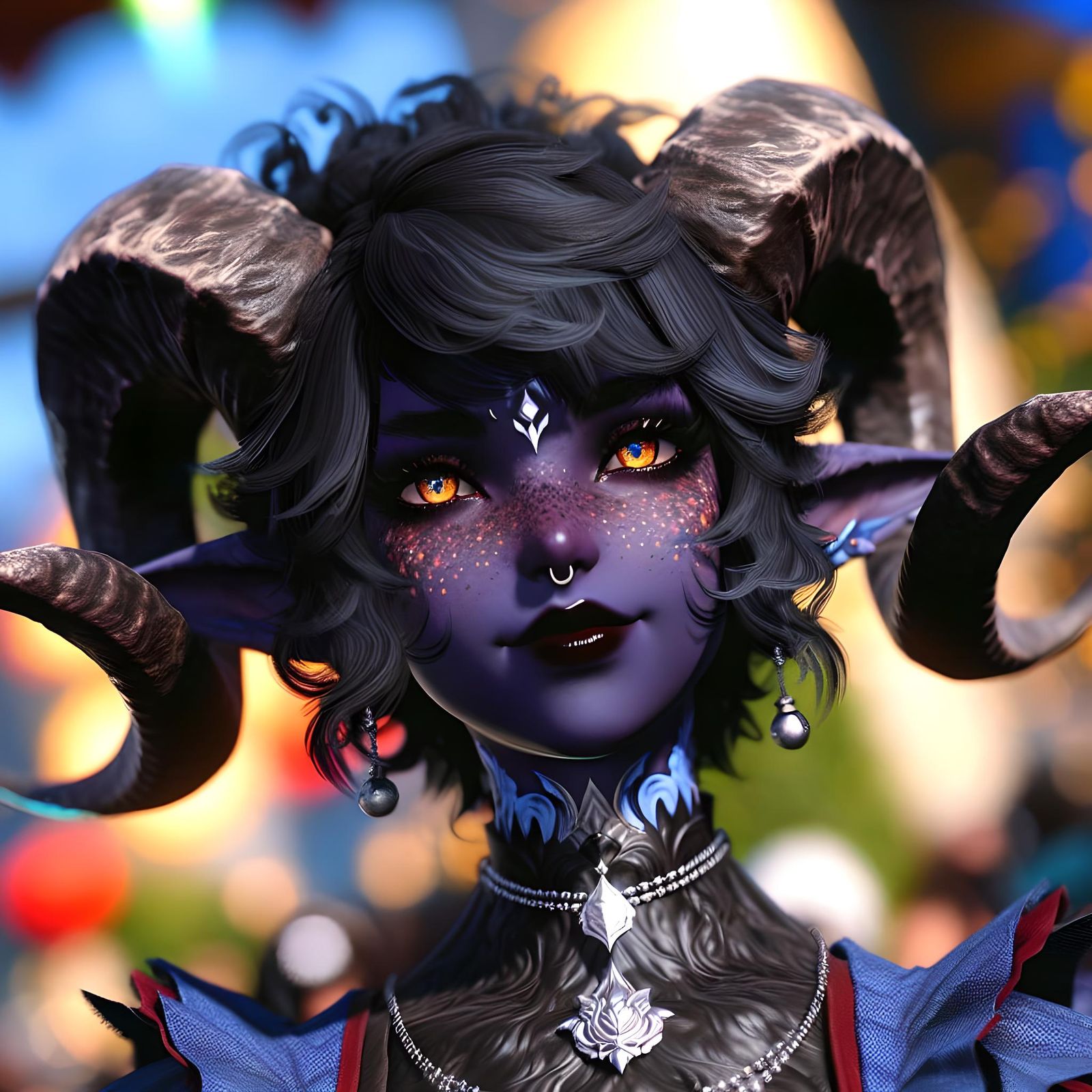 Tiefling Dancer with Ram Horns in Festive Setting