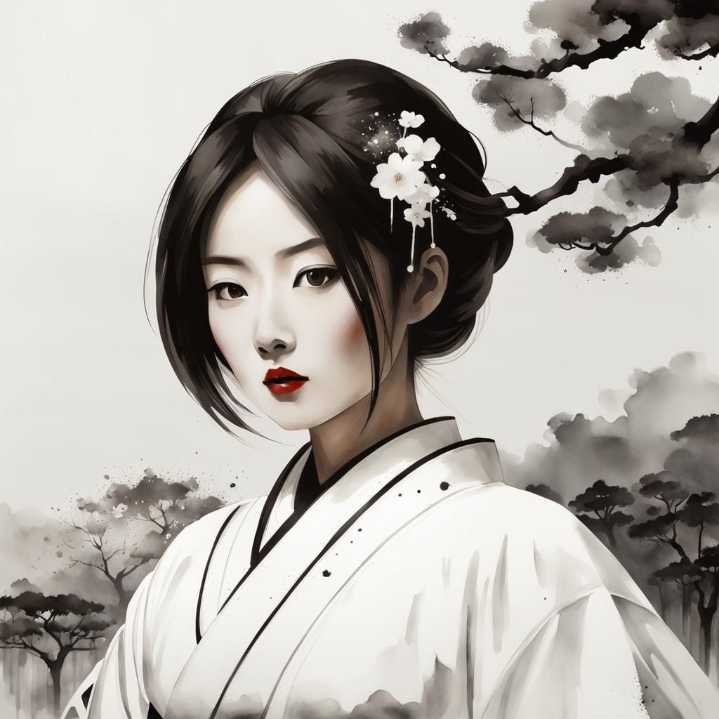 Geisha Portrait in White Landscape, Ink Fusion Style