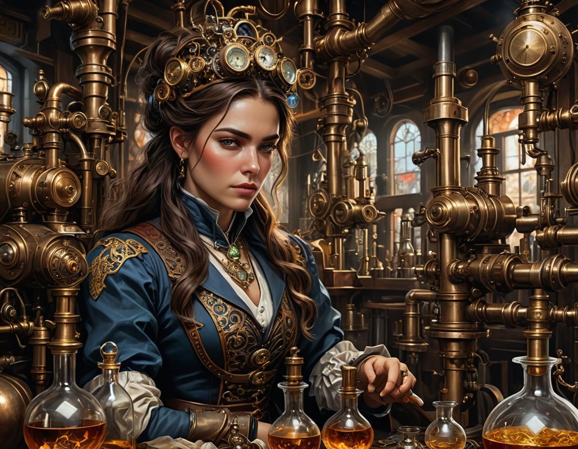 Alchemist Woman in Steampunk Lab: Fantasy Illustration