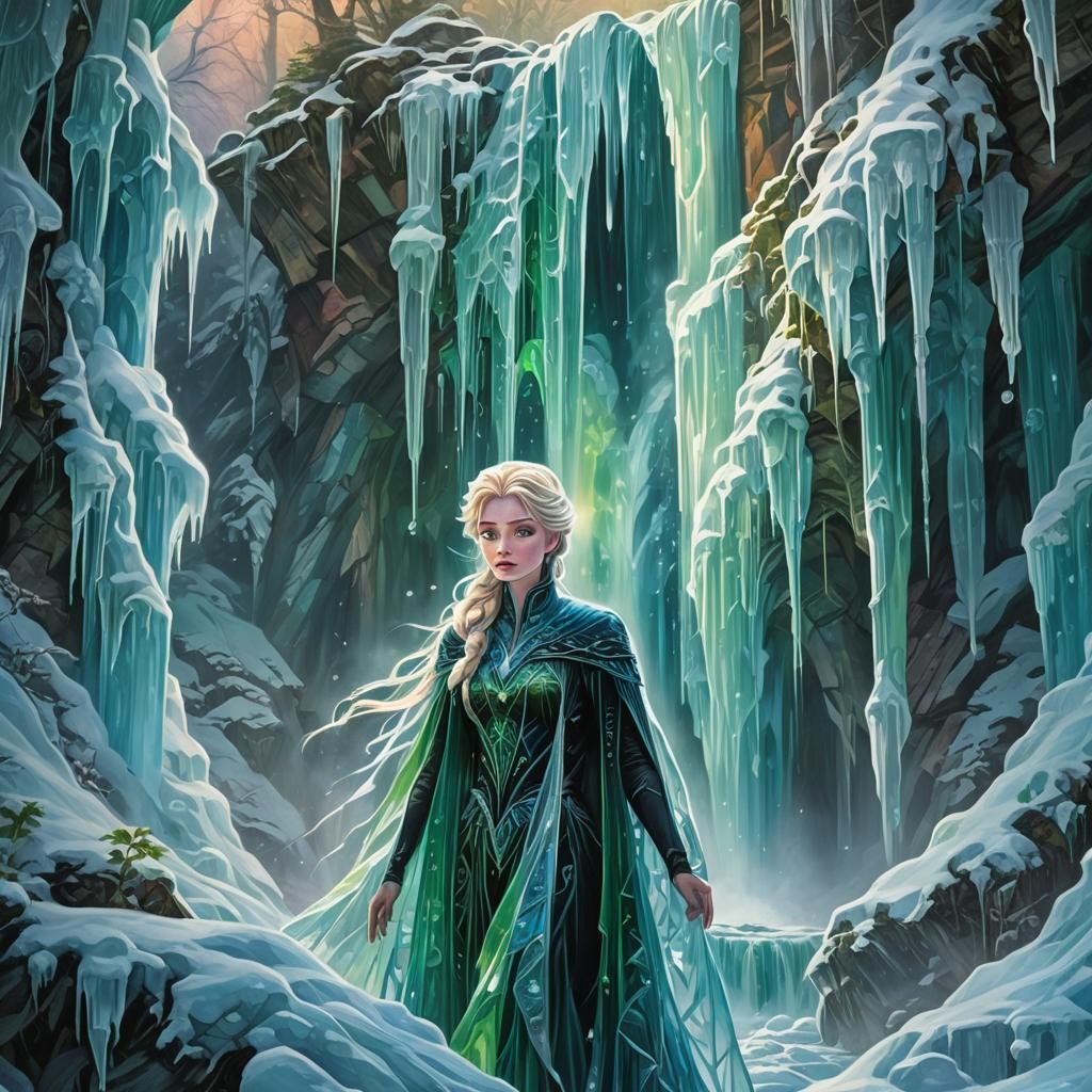 Frozen Waterfall Fantasy: Vibrant Oil Painting