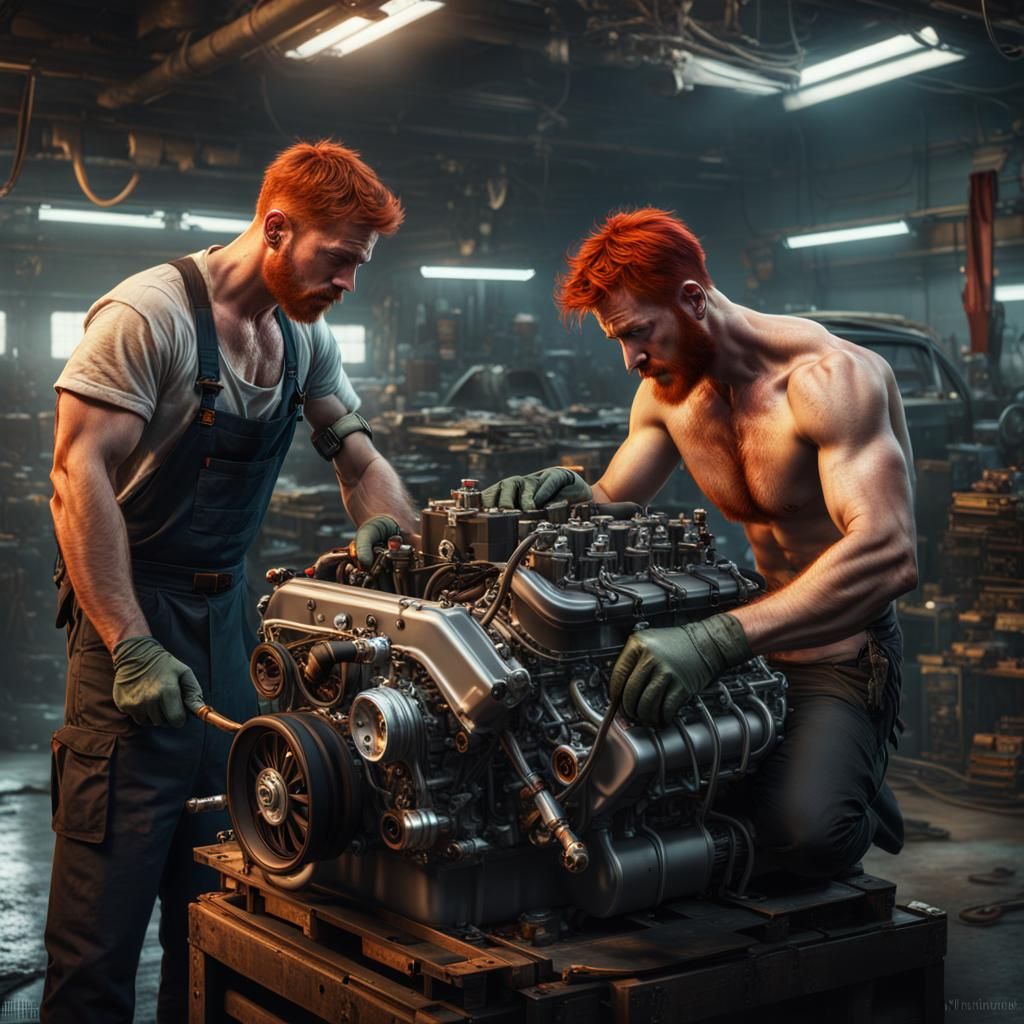 Redhead Mechanic Working on Chevy Engine: Digital Art