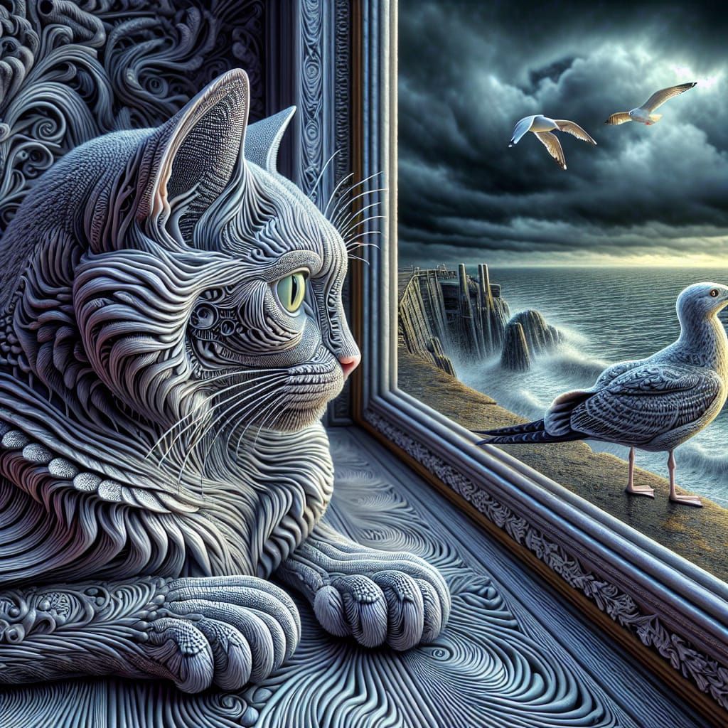 Hyperrealistic Cat Stares at Seagull in Storm