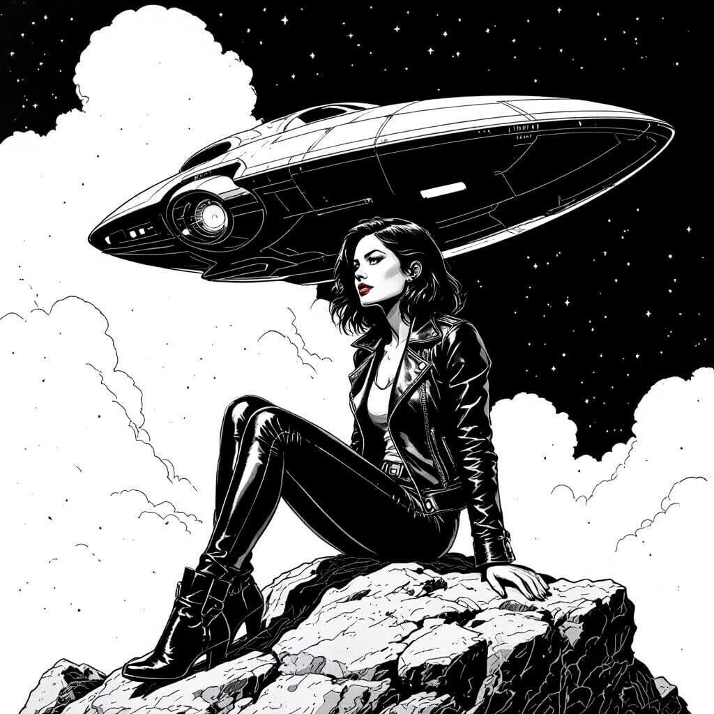 Woman and Spaceship in Hyperrealistic Line Art