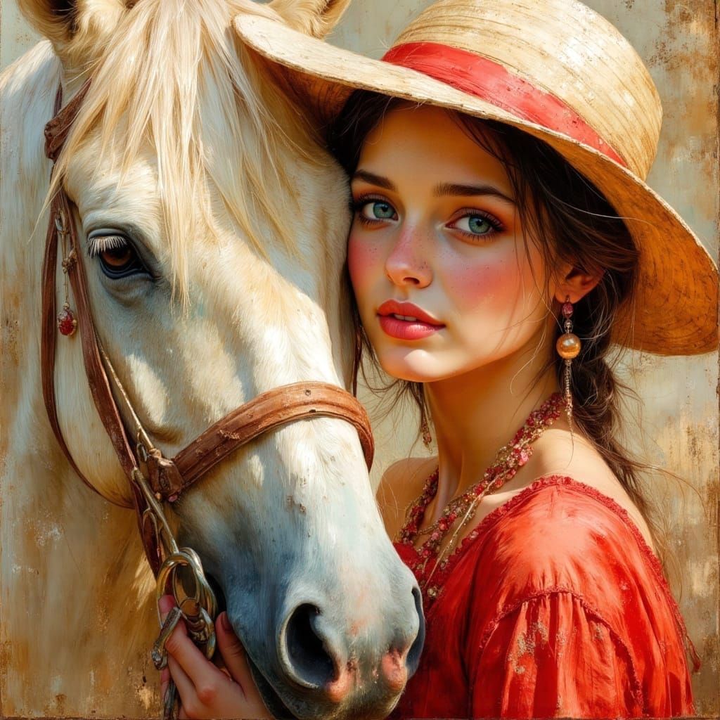 Woman with Arabian Horse in Oil Painting Style