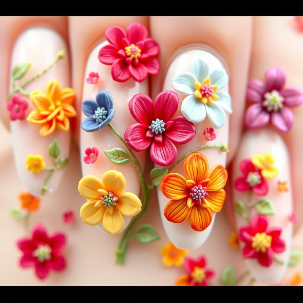 Vibrant 3D Flower Nail Art in Delicate Swirling Patterns