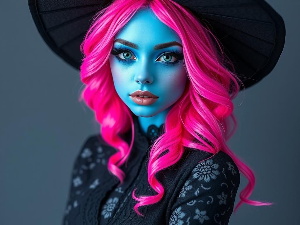 Surreal Witch Goddess with Pink Flippy Hair in Blue Skin