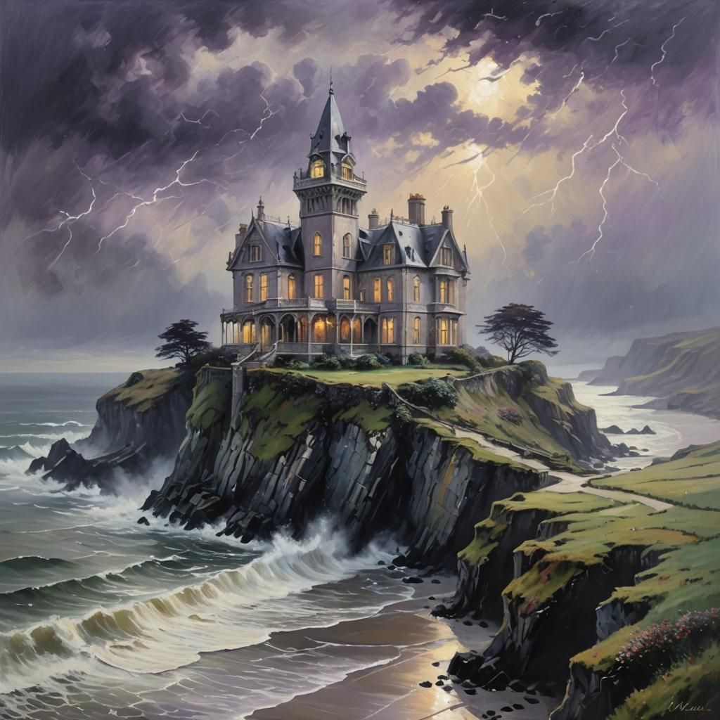 Gothic Victorian Mansion on Irish Coast as Oil Painting