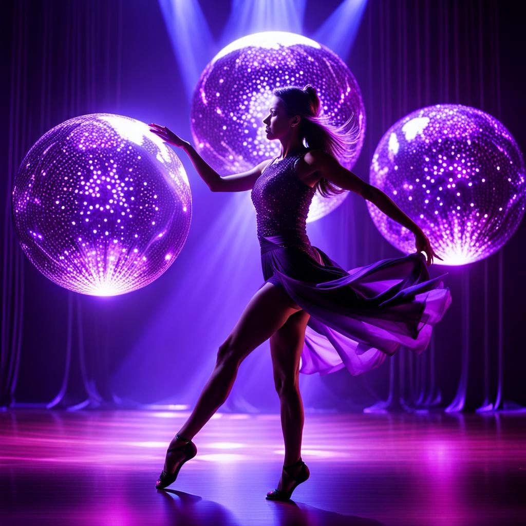 Woman Dancing with Purple Orbs: Hyperrealistic Image