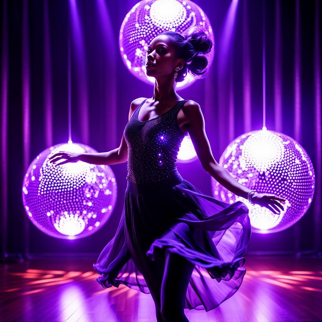 Woman Dancing with Purple Orbs: Hyperrealistic Image