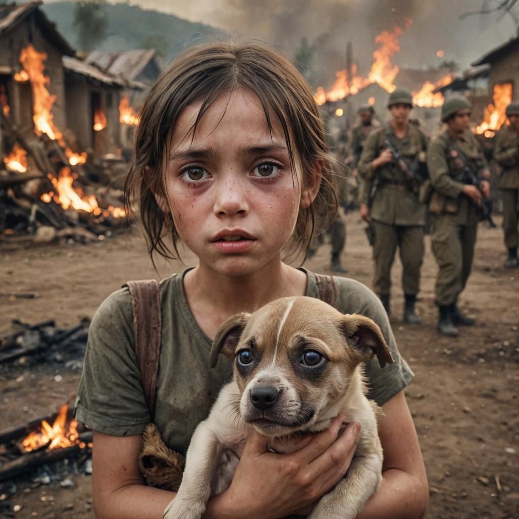 Emaciated Girl's Portrait in War-Torn Village