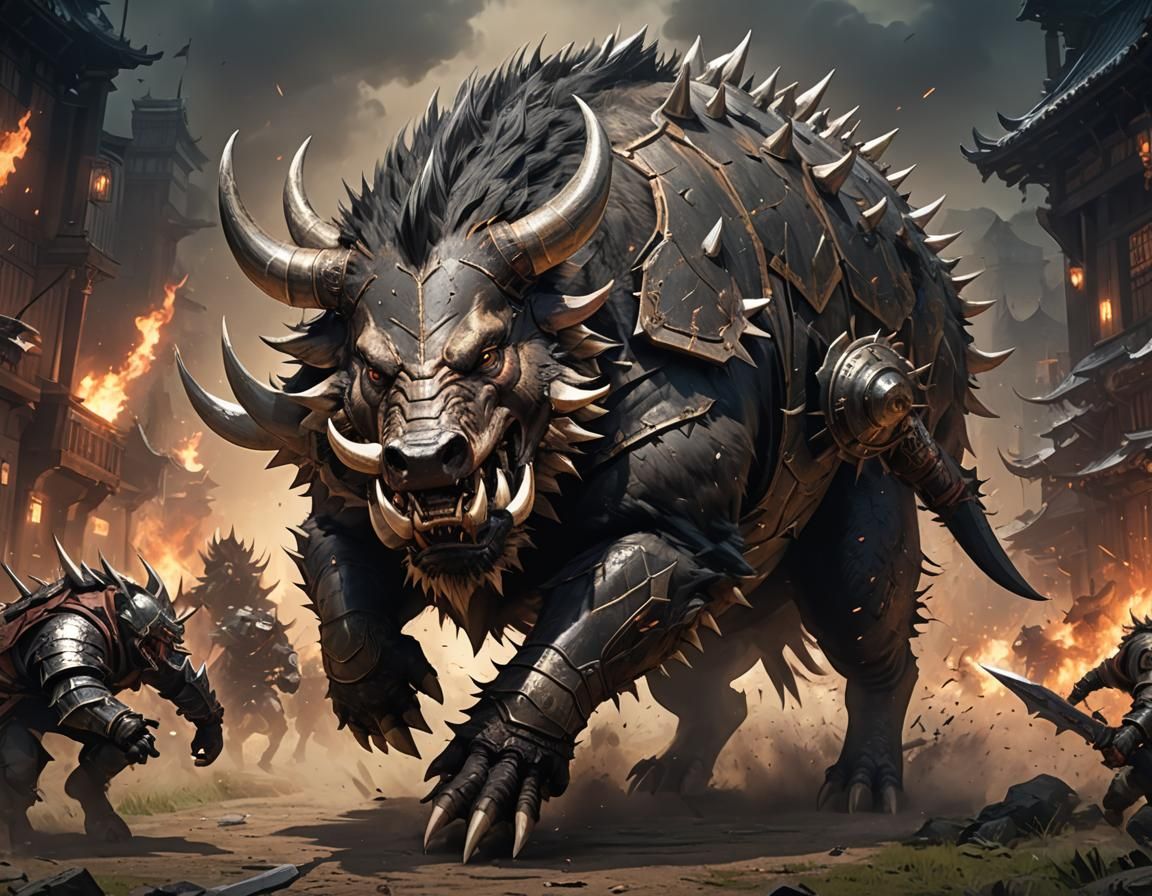 Armored War Boar in Anime Dark Fantasy Style