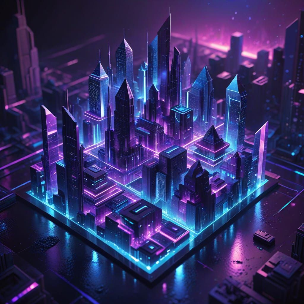 Futuristic City Isometric Digital Art with Holographic Eleme...