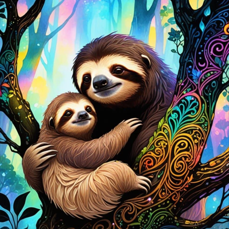 Dreamy Forest Sloth Family Portrait in Watercolor Style