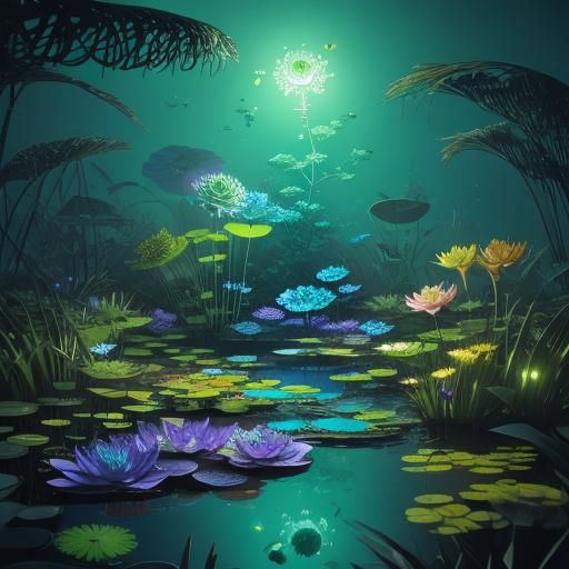Bioluminescent Pond Ecosystem Under Microscope: Digital Art