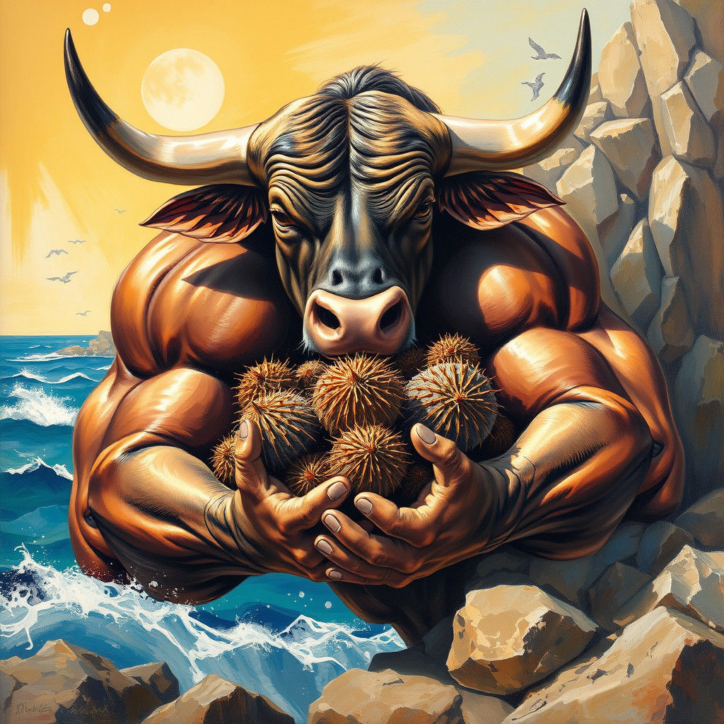 Muscular Bull Cradling Sea Urchins in Romantic Style
