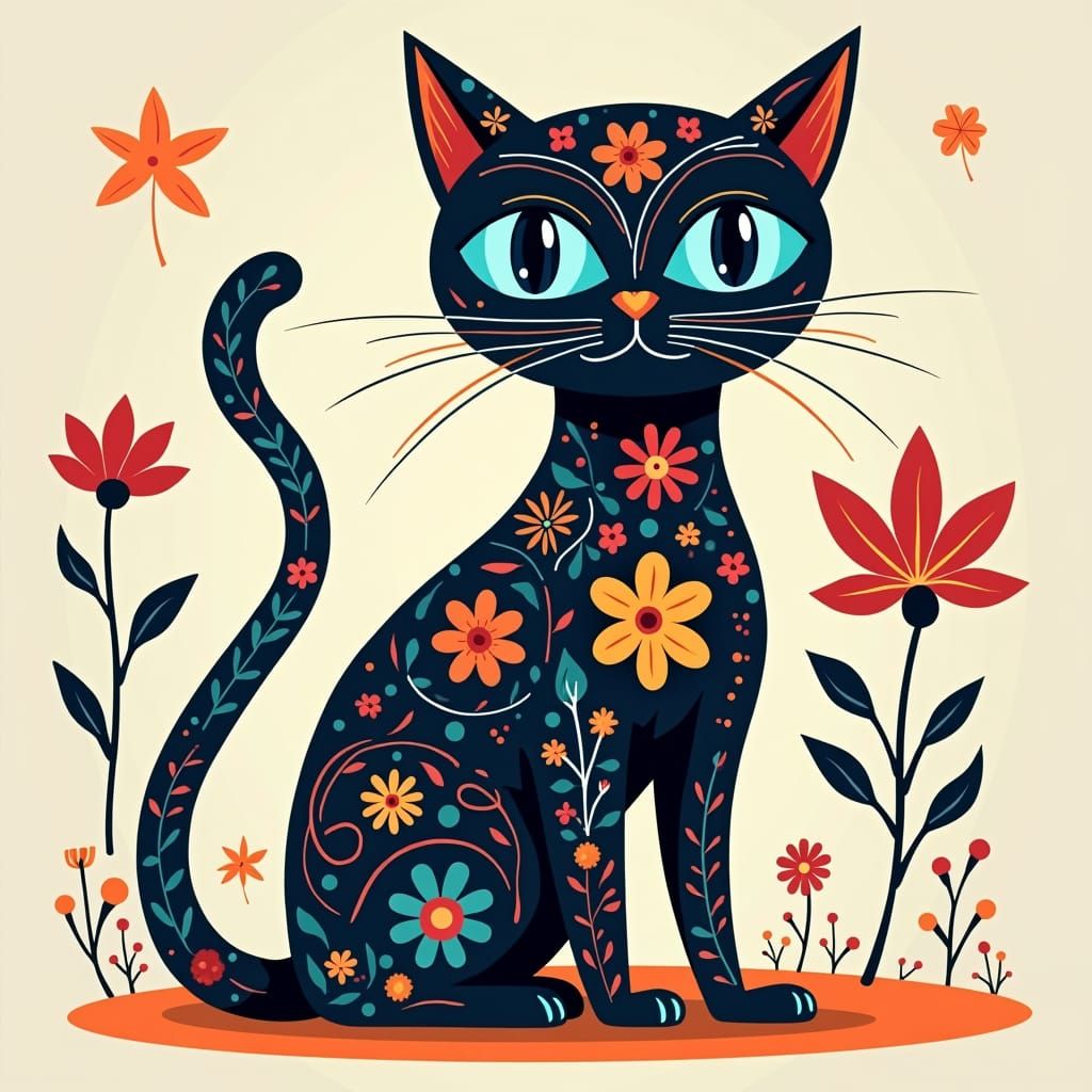 Abstract Cat Art with Flower Patterns