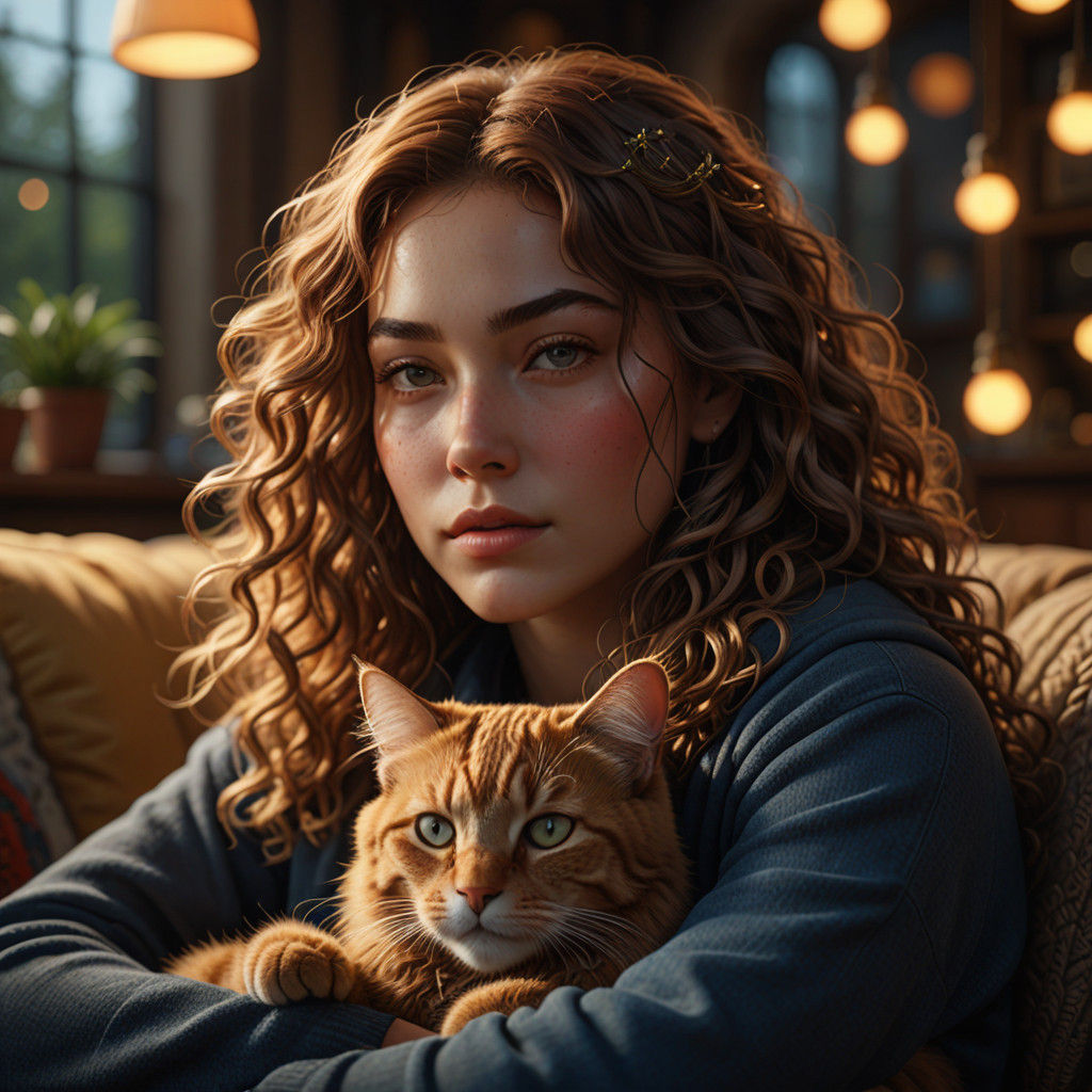 Serene Woman in Cozy Wonderland with Feline Friends