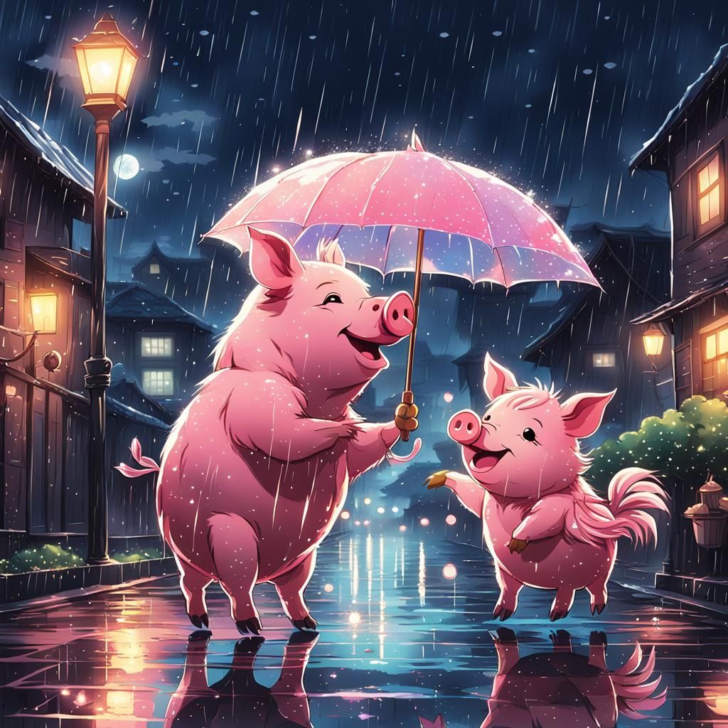 Whimsical Pink Pig Laughing in Rainy Night: Anime Style