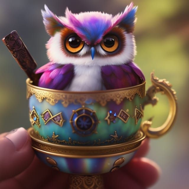 Chibi Owl in Teacup: Rainbow Digital Art