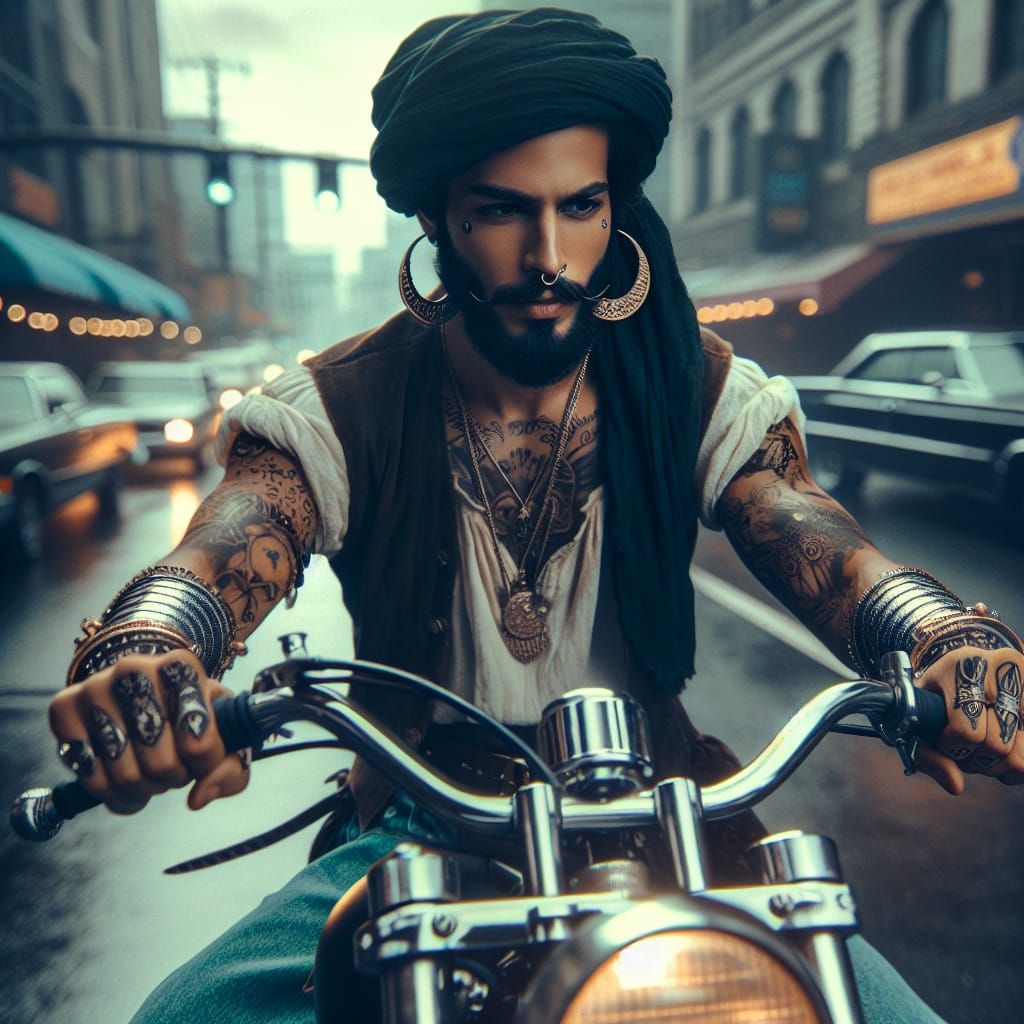 Pirate on Motorcycle in Seattle, Cinematic Film Still