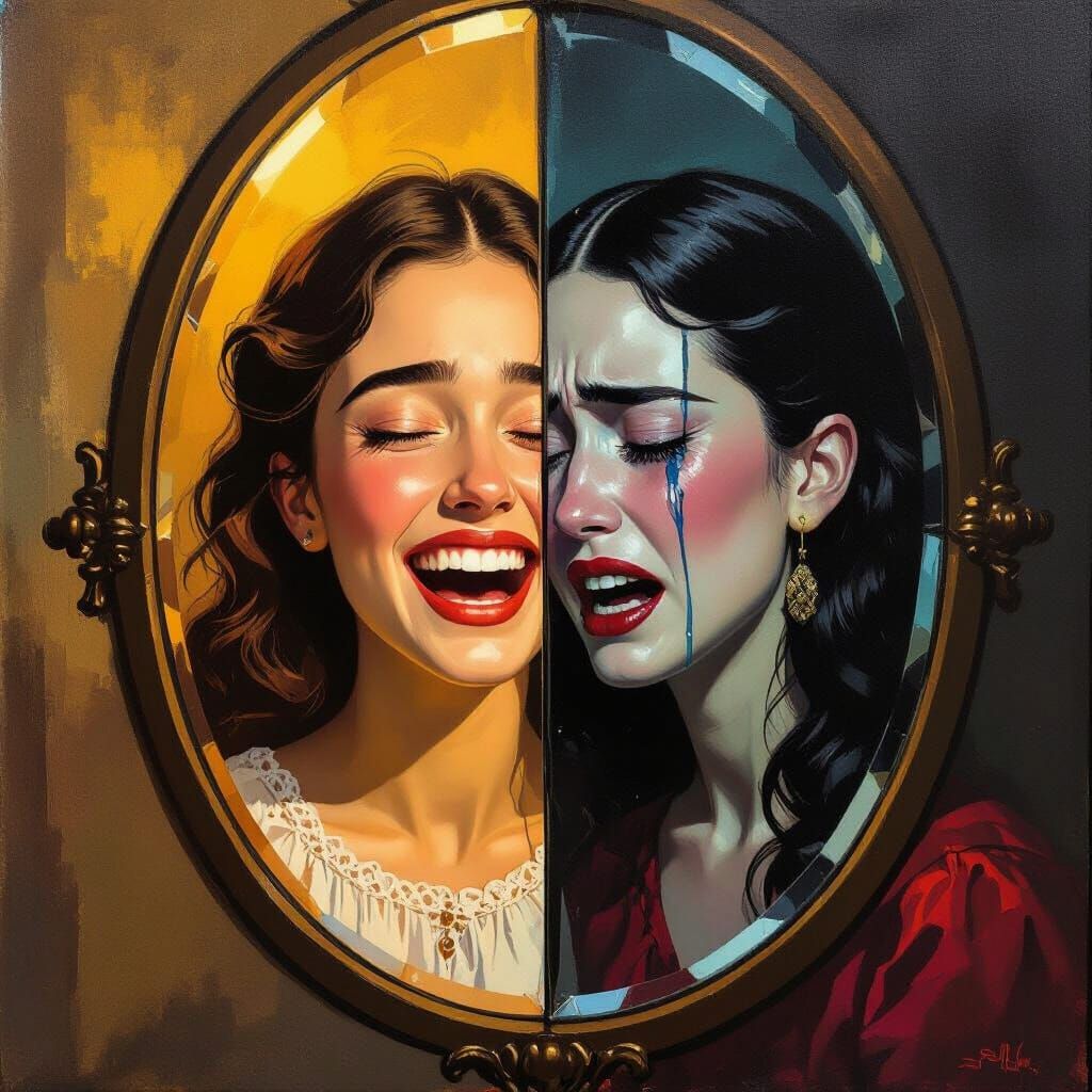 Dual Emotion Portrait: Joy and Despair in a Surreal Mirror