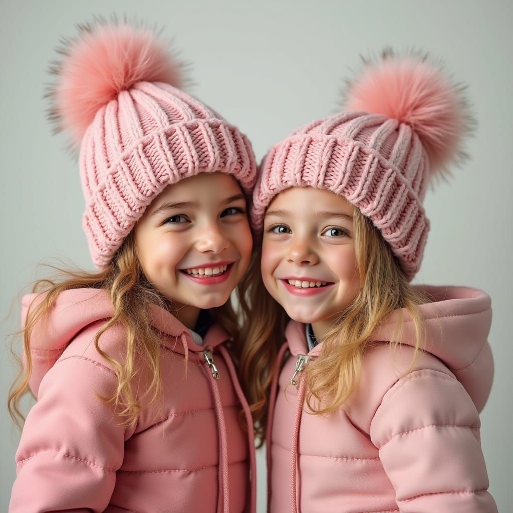 Sisters in Winter Hats with Rosy and Pink Pom-Poms