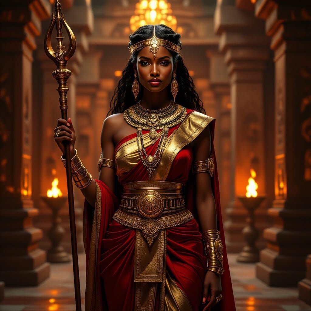 African Goddess in Opulent Temple, Hyperrealistic Digital Ar...