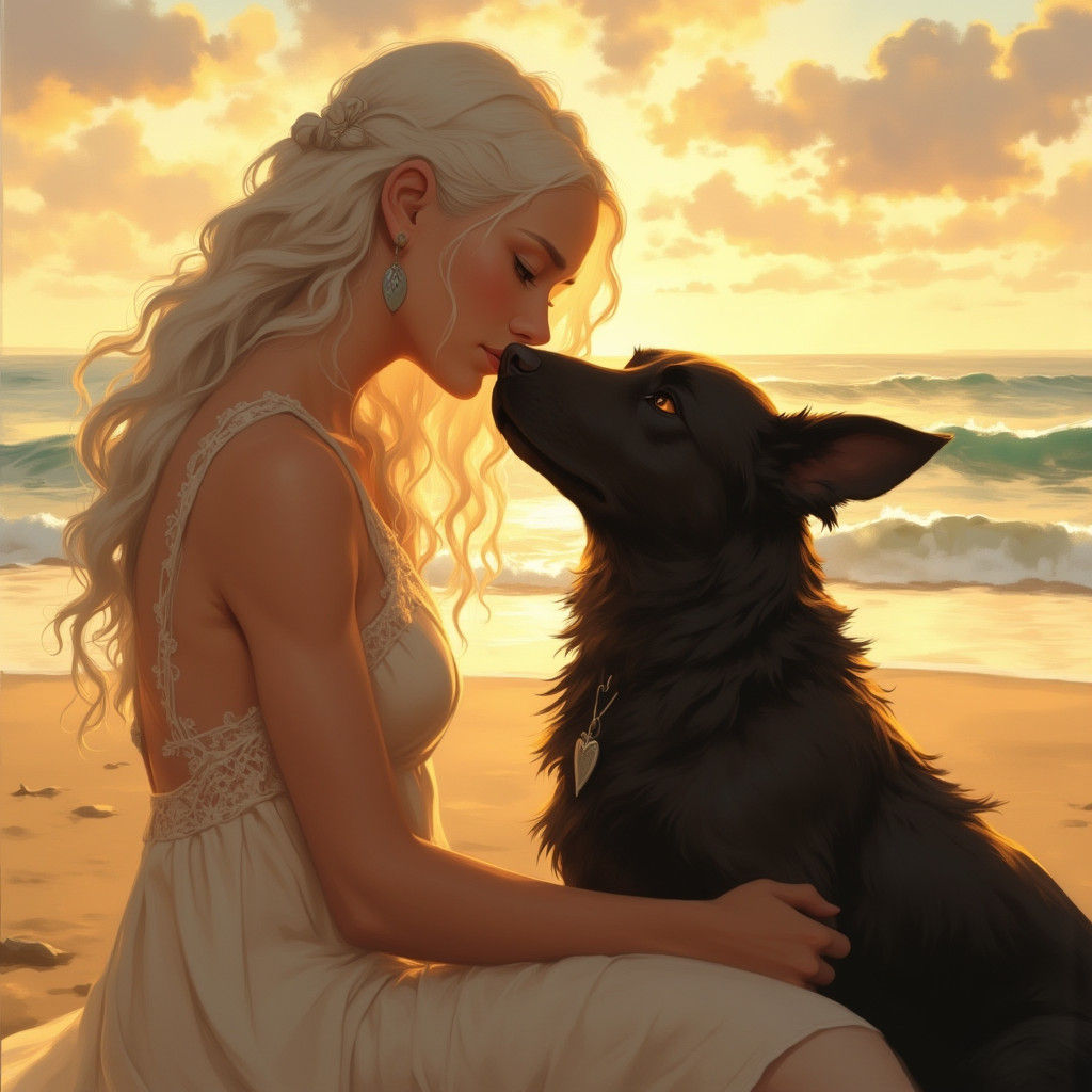 Woman and Dog Embrace on a Golden Beach