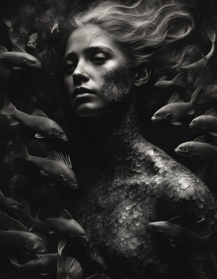 Distressed Mermaid in Monochrome Horror