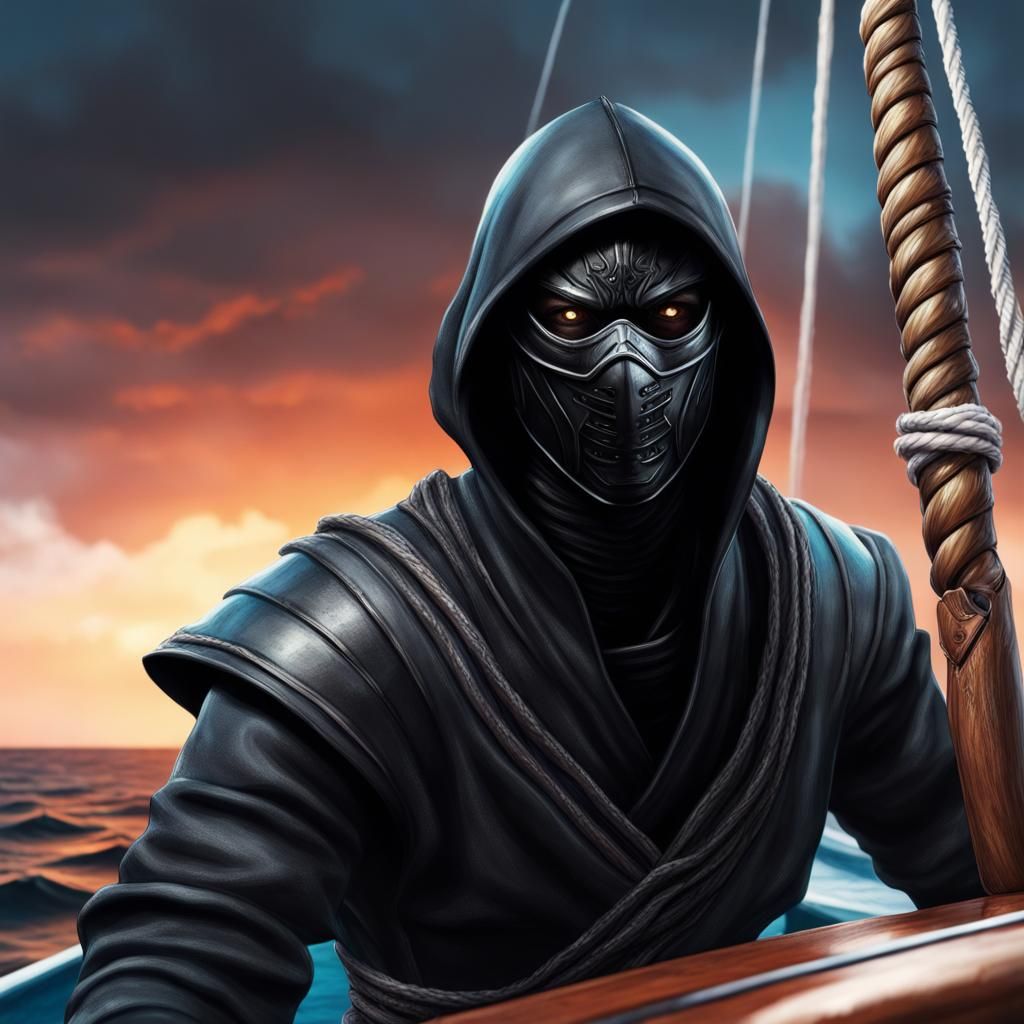 Hyperrealistic Noob Saibot on a Sailboat