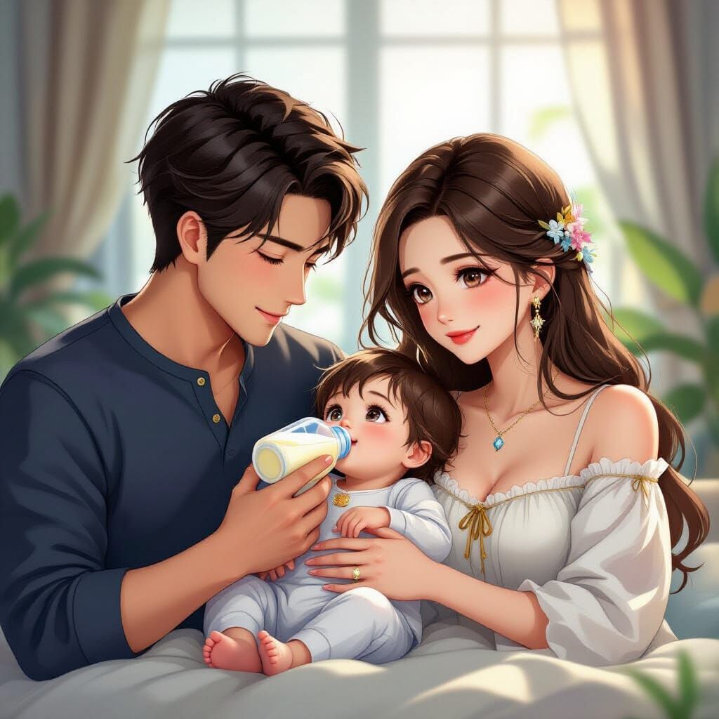 Father Feeds Baby Beside Wife, Anime Style