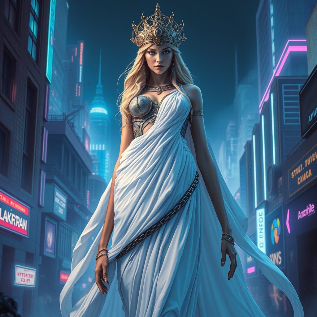 Cyberpunk Goddess in Dystopian Cityscape