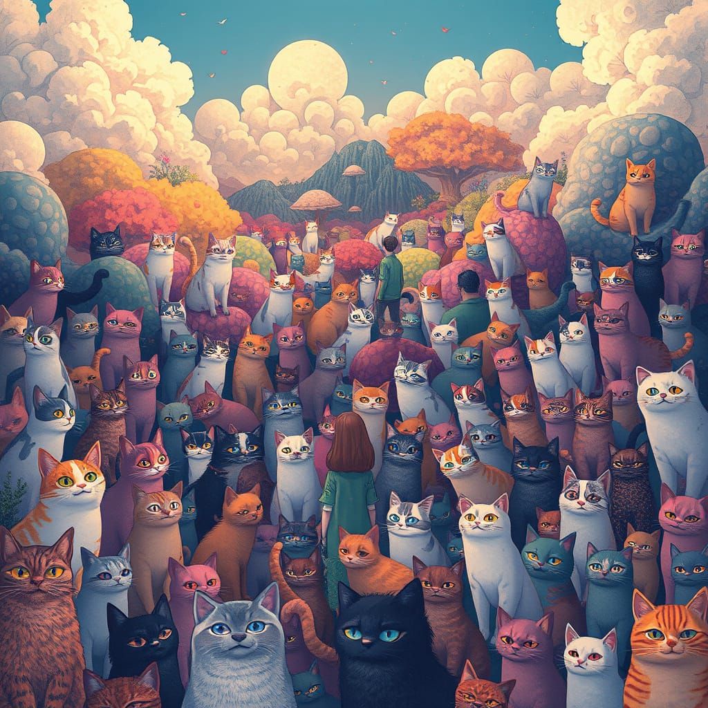 Cats in a Whimsical Landscape, Animated Illustration