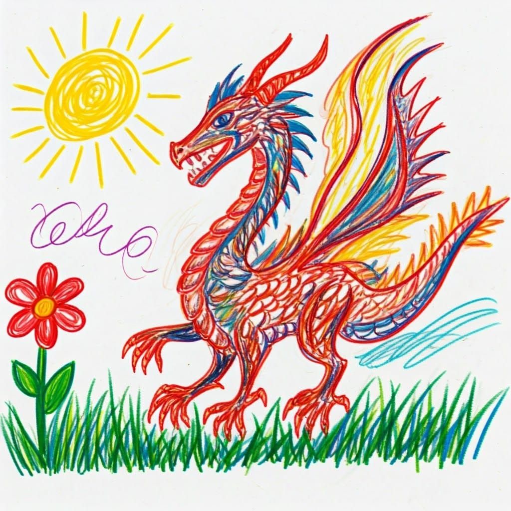Childlike Crayon Drawing of Dragon and Flowers