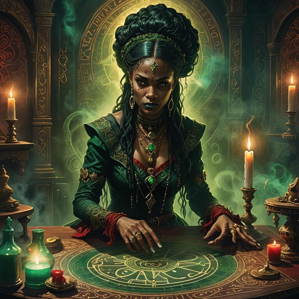 Voodoo Woman and Ouija Board in Mystical Chamber